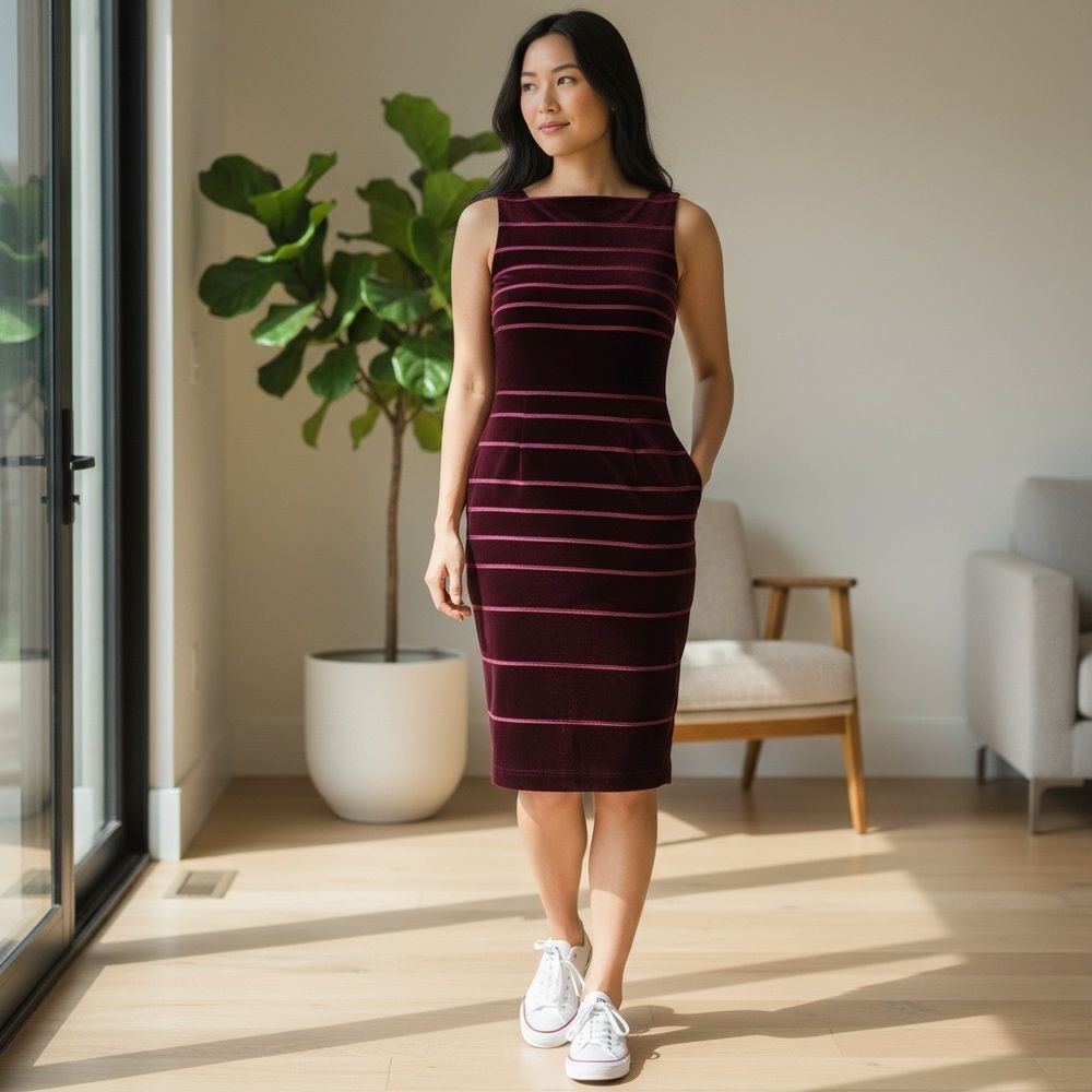 Vintage Tadashi Elegant Burgundy Striped Dress